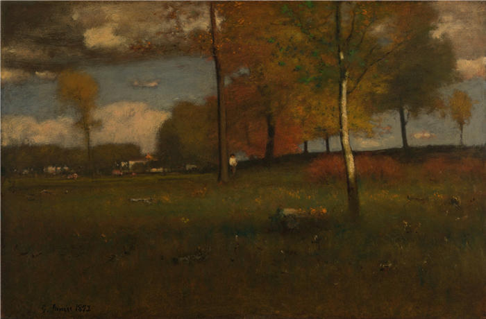 乔治·英尼斯 (George Inness，美国画家)高清油画作品-《村庄附近，十月（1892 年）》