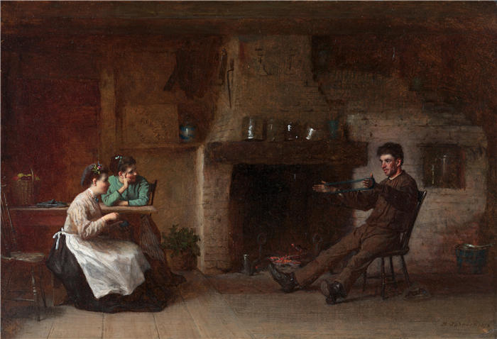 伊士曼·约翰逊（Eastman Johnson，美国画家）高清作品-《缠绕纱（楠塔基特厨房内部）（1872 年）》