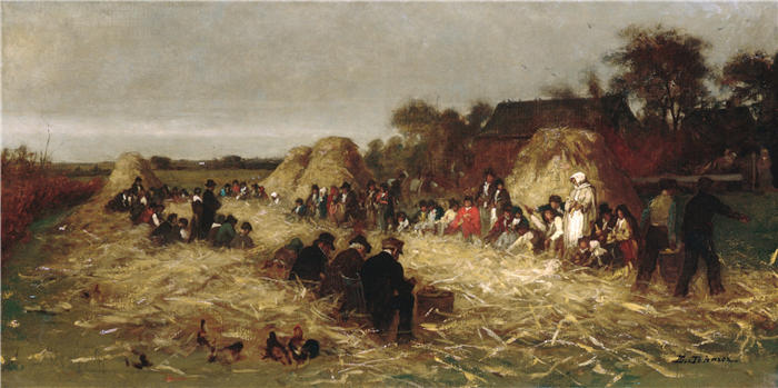 伊士曼·约翰逊（Eastman Johnson，美国画家）高清作品-《楠塔基特的玉米脱壳（约 1875 年）》