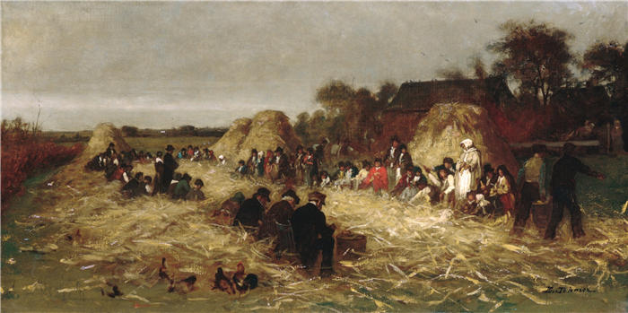 伊士曼·约翰逊(Eastman Johnson,美国画家)高清作品-《楠塔基特的玉米脱壳(约 1875 年)》