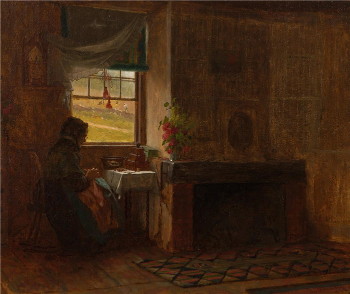 伊士曼·约翰逊（Eastman Johnson，美国画家）高清作品-《缅因州农舍的内部（1865 年）》