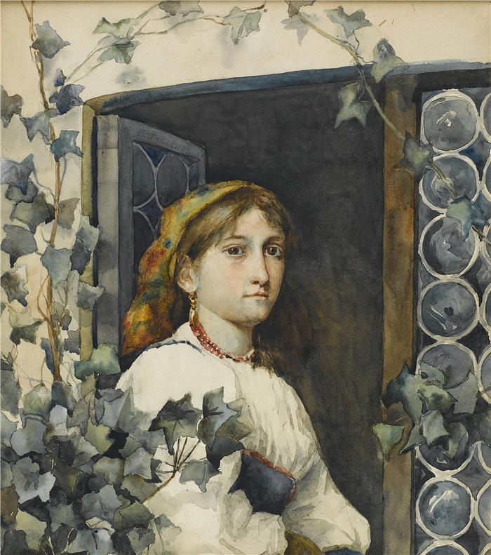 伊士曼·约翰逊（Eastman Johnson，美国画家）高清作品-《窗边的农家女（约 1900 年）》