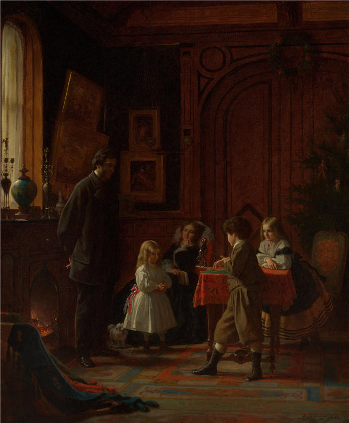 伊士曼·约翰逊（Eastman Johnson，美国画家）高清作品-《圣诞节，布洛杰特一家 (1864)》