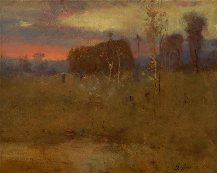 乔治·英尼斯 (George Inness，美国画家)高清油画作品-《草地上的余辉（约 1888-1892 年）》