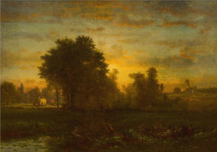 乔治·英尼斯 (George Inness，美国画家)高清油画作品-《日落农场（约 1863-1866 年）》