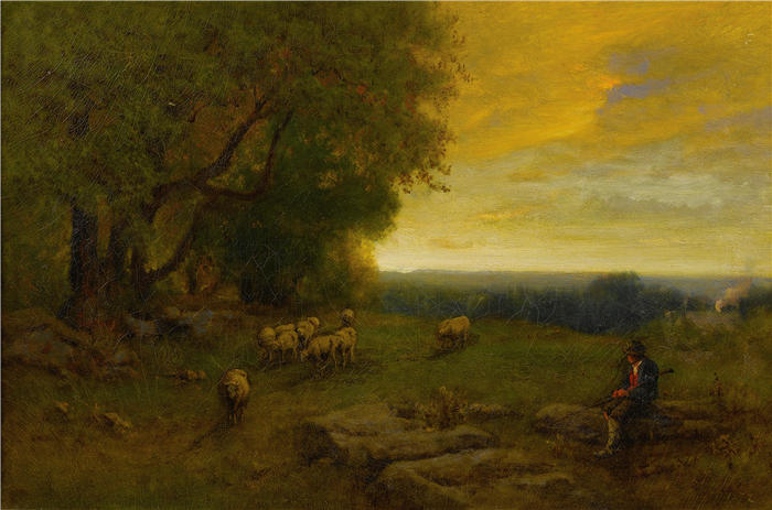 乔治·英尼斯 (George Inness，美国画家)高清油画作品-《日落时的牧羊人和羊群（1872）》