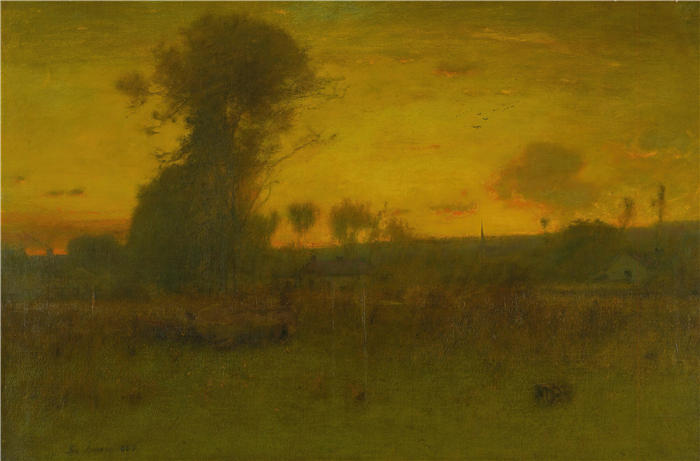 乔治·英尼斯 (George Inness，美国画家)高清油画作品-《日落之后，新泽西州蒙特克莱尔（1888 年）》