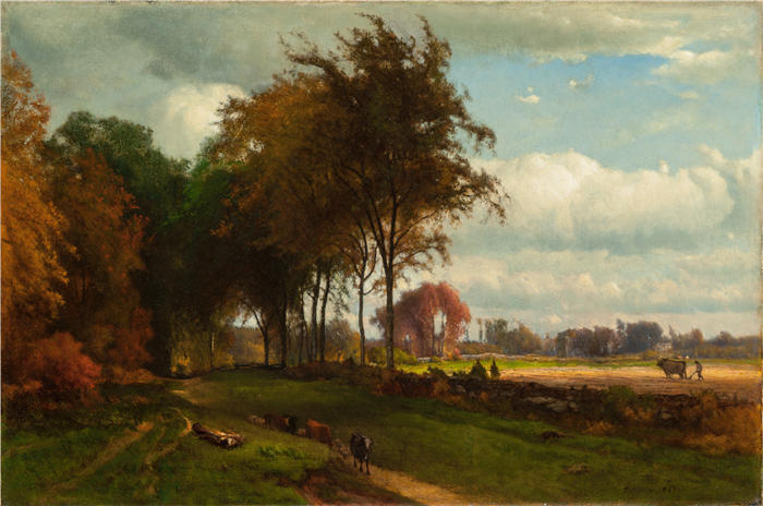 乔治·英尼斯 (George Inness，美国画家)高清油画作品-《风景与牛（1869）》