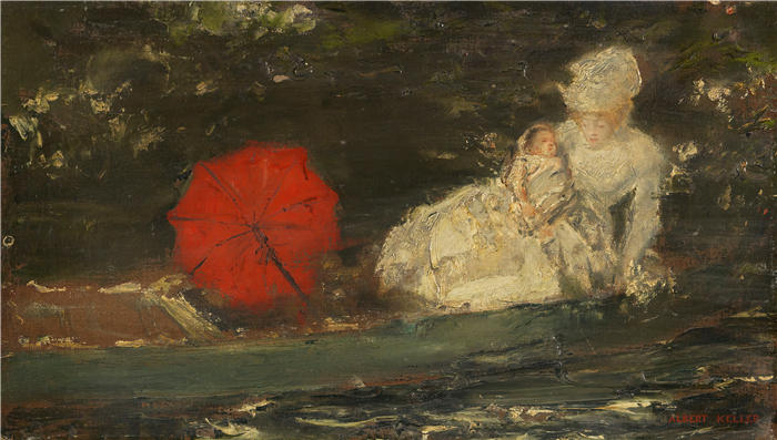 阿尔伯特·冯·凯勒（Albert von Keller，德国画家）高清作品-《带红色阳伞的户外妇女和儿童（约1870-1890年）》