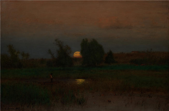 乔治·英尼斯 (George Inness，美国画家)高清油画作品-《月出 (1887)》