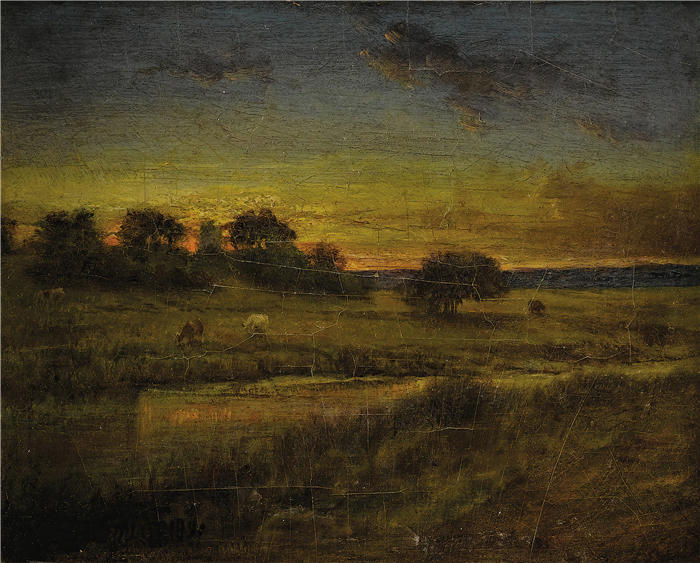 乔治·英尼斯 (George Inness，美国画家)高清油画作品-《黎明牧场 (1891)》