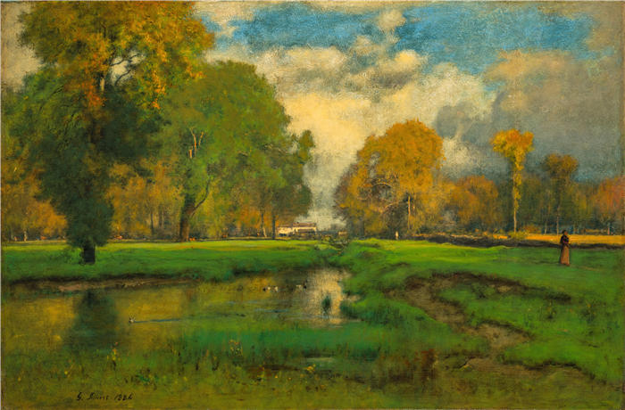 乔治·英尼斯 (George Inness，美国画家)高清油画作品-《十月（1882 年）》