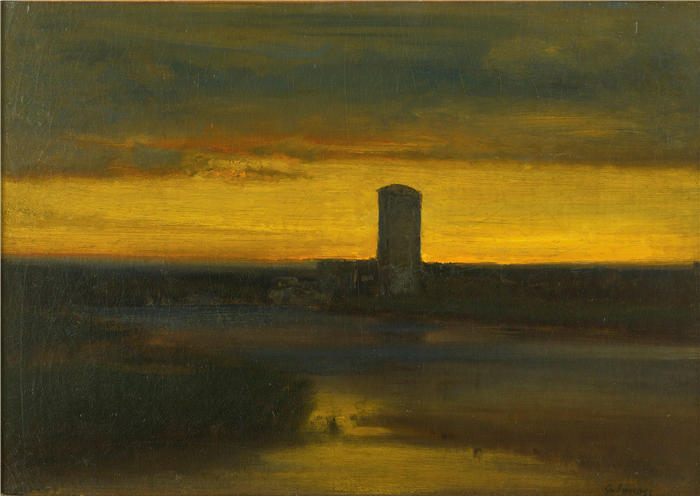乔治·英尼斯 (George Inness,美国画家)高清油画作品-《余辉,意大利(约 1873 年)》