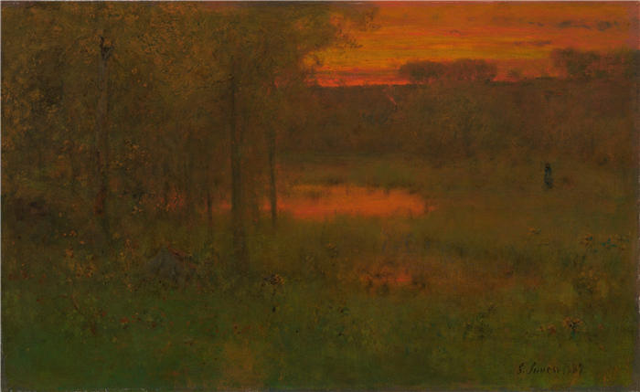 乔治·英尼斯 (George Inness，美国画家)高清油画作品-《景观，日落（1887-89）》