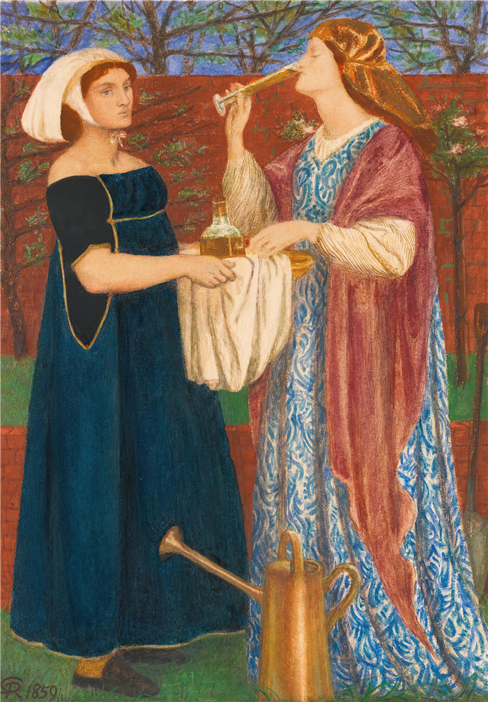 但丁·加布里埃尔·罗塞蒂（Dante Gabriel Rossetti，英国画家）作品高清下载-《鲍尔花园 (1859)》