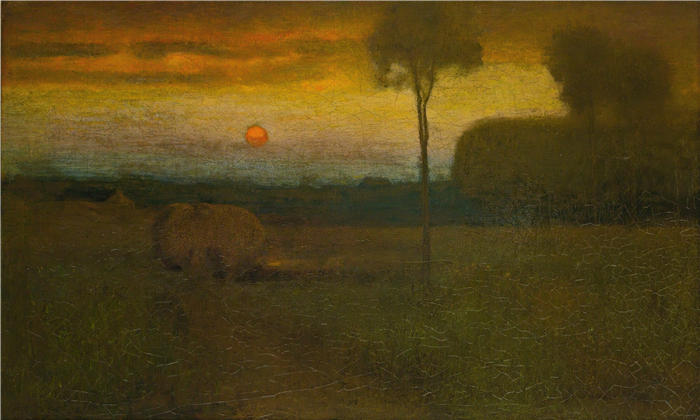 乔治·英尼斯 (George Inness，美国画家)高清油画作品-《风景（晚景）（1889）》