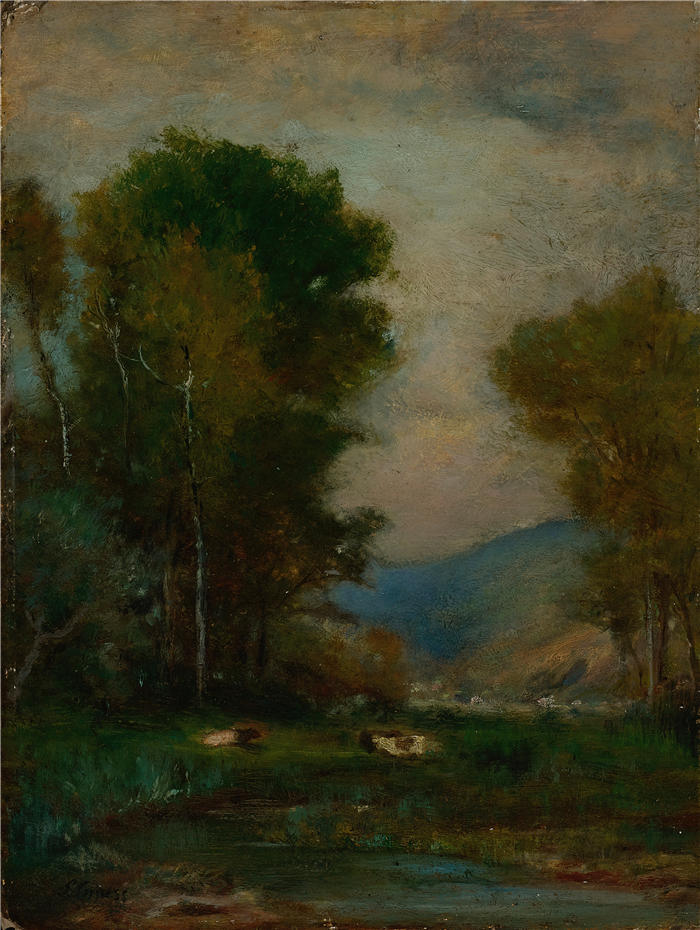 乔治·英尼斯 (George Inness，美国画家)高清油画作品-《小溪边的奶牛》