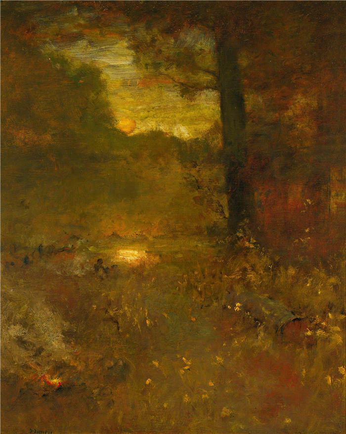 乔治·英尼斯 (George Inness，美国画家)高清油画作品-《日落时的风景》
