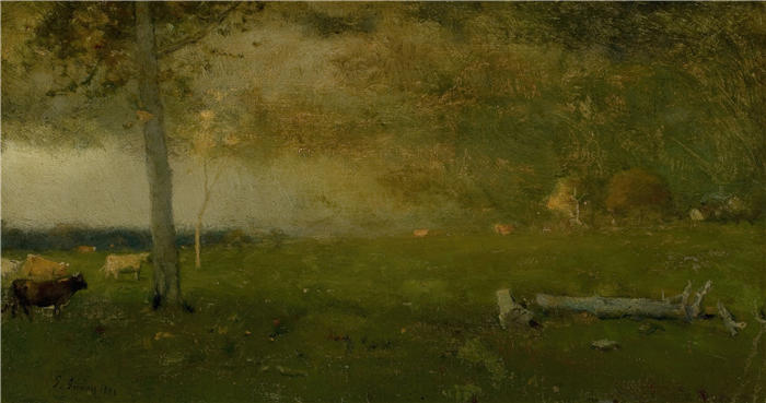 乔治·英尼斯 (George Inness，美国画家)高清油画作品-《景观（暴风雨中的牛）（1886 年）》