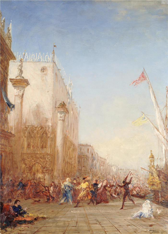 费利克斯·齐姆（Félix Ziem，法国画家）高清作品-《威尼斯狂欢节，奴隶码头》