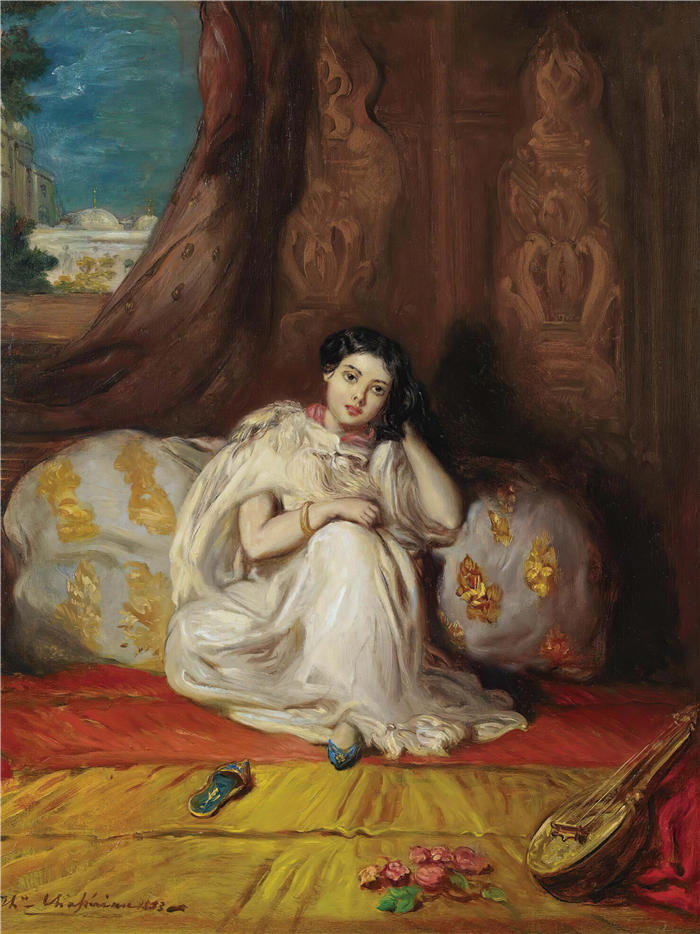 泰奥多尔·夏塞里奥(Theodore Chasseriau,法国画家)高清作品-《摩尔女孩,坐在富丽堂皇的室内(阿尔梅)(1853年)》