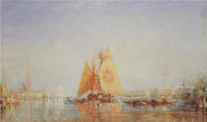 费利克斯·齐姆（Félix Ziem，法国画家）高清作品-《威尼斯，Trabaccolo À La Voile Jaune (1870-1890)》
