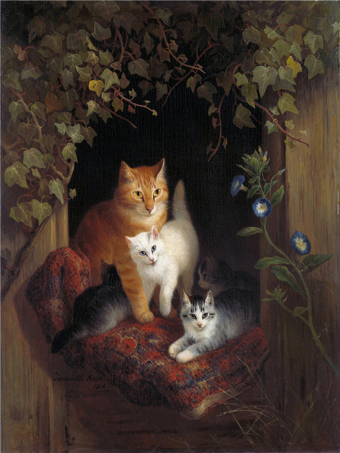 亨利埃特·罗纳-克尼普（Henriëtte Ronner-Knip，荷兰画家）高清作品-《猫与小猫 (1844)》