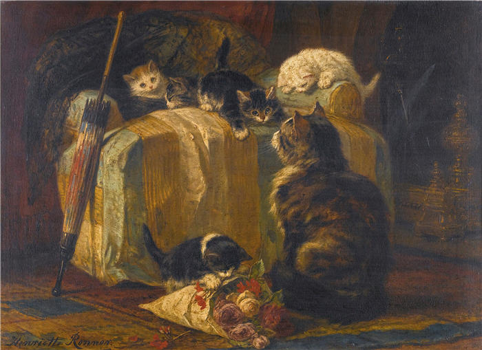 亨利埃特·罗纳-克尼普（Henriëtte Ronner-Knip，荷兰画家）高清作品-《小猫在玩耍 (2)》