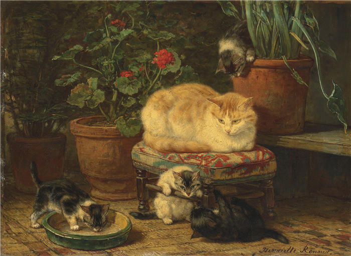 亨利埃特·罗纳-克尼普（Henriëtte Ronner-Knip，荷兰画家）高清作品-《小猫在玩耍》