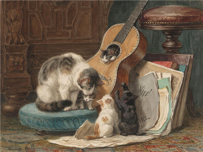 亨利埃特·罗纳-克尼普（Henriëtte Ronner-Knip，荷兰画家）高清作品-《音乐家 (c. 1876 - c. 1877)》