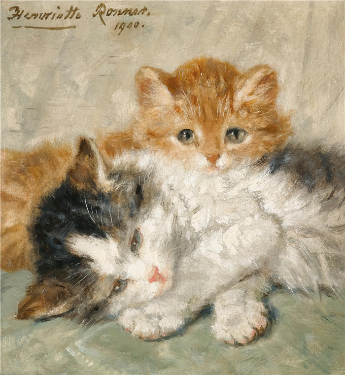 亨利埃特·罗纳-克尼普（Henriëtte Ronner-Knip，荷兰画家）高清作品-《昏昏欲睡的小猫 (1900)》