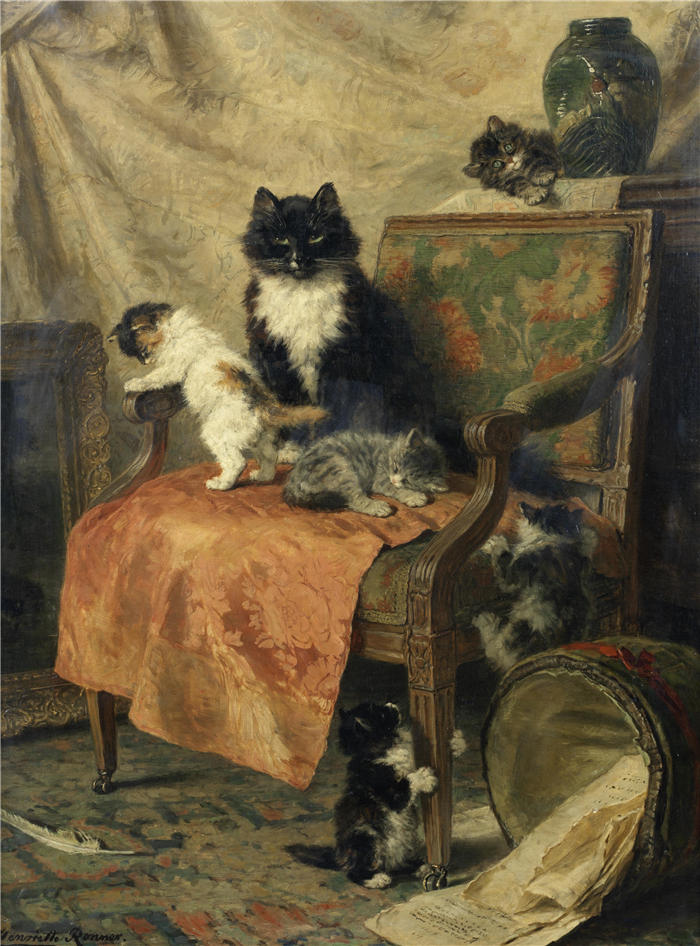 亨利埃特·罗纳-克尼普（Henriëtte Ronner-Knip，荷兰画家）高清作品-《小猫在玩耍(1)》