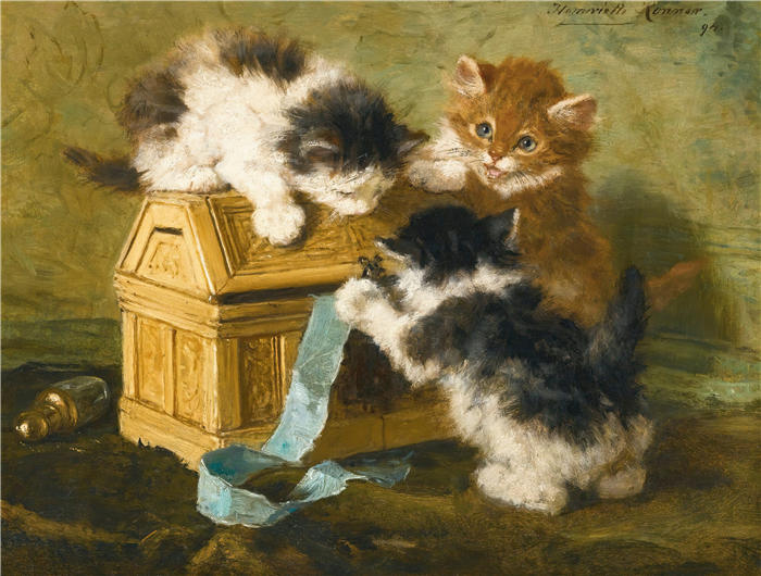 亨利埃特·罗纳-克尼普（Henriëtte Ronner-Knip，荷兰画家）高清作品-《三只带棺材和蓝丝带的小猫（1894 年）》