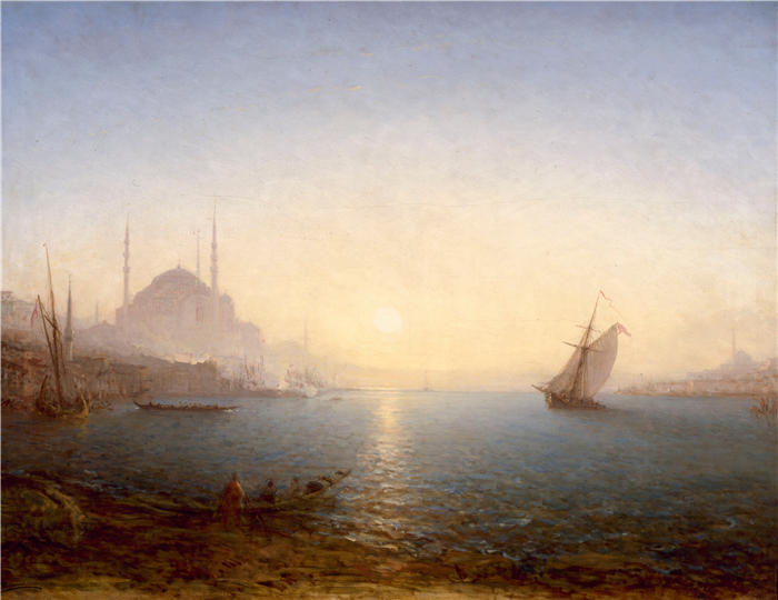 费利克斯·齐姆（Félix Ziem，法国画家）高清作品-《君士坦丁堡，朝阳圣索菲亚大教堂（1870-1890》
