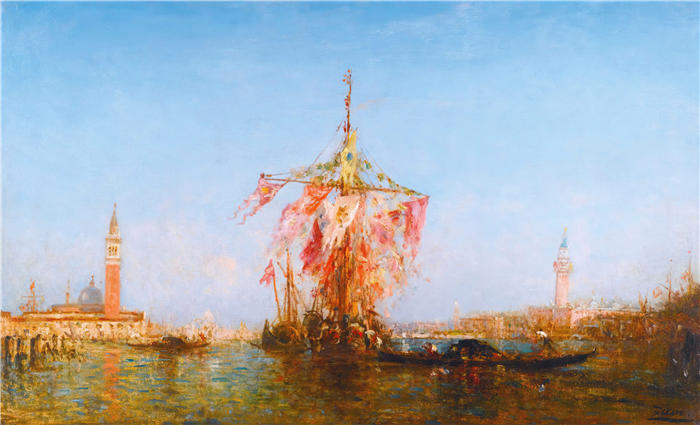 费利克斯·齐姆（Félix Ziem，法国画家）高清作品-《威尼斯巴辛河畔巴沃瓦兹酒店》