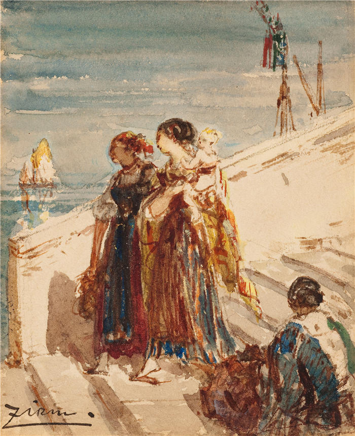 费利克斯·齐姆（Félix Ziem，法国画家）高清作品-《威尼斯佩耶桥上的女性青年》