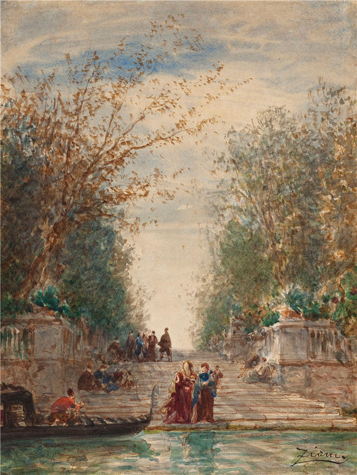 费利克斯·齐姆（Félix Ziem，法国画家）高清作品-《马提格斯，威尼斯，法国花园的入口》