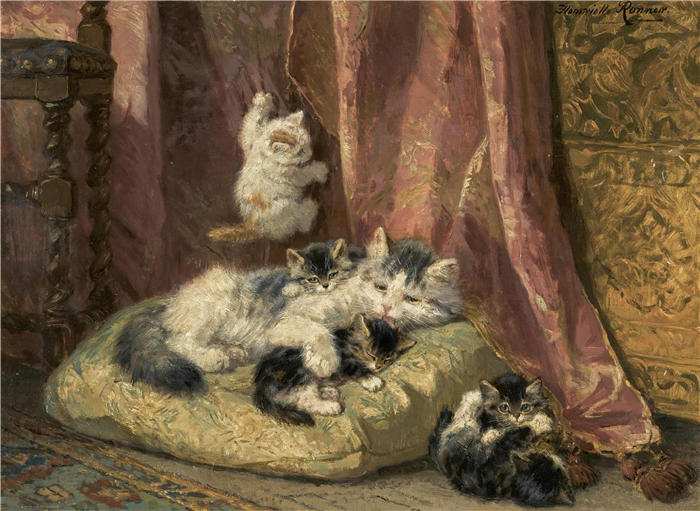 亨利埃特·罗纳-克尼普（Henriëtte Ronner-Knip，荷兰画家）高清作品-《小猫在玩耍 (1)》