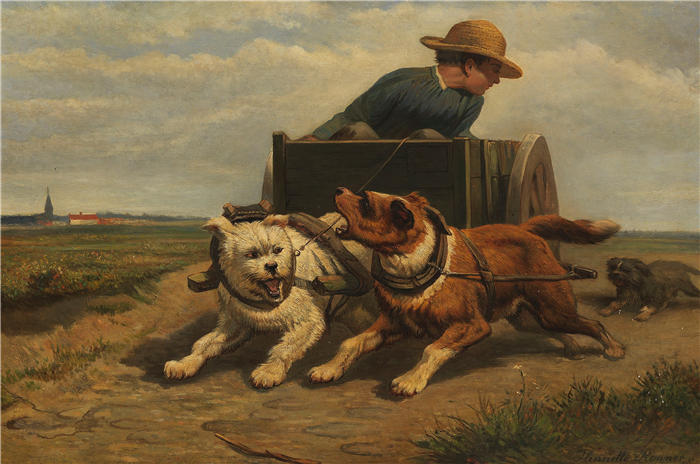 亨利埃特·罗纳-克尼普（Henriëtte Ronner-Knip，荷兰画家）高清作品-《带狗车的男孩（约 1850-60 年）》