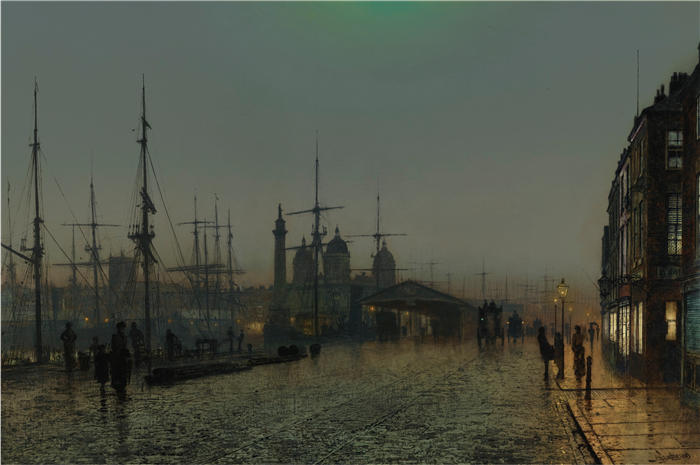 约翰·阿特金森·格里姆肖（John Atkinson Grimshaw，英国画家）高清作品-《船体码头在晚上》
