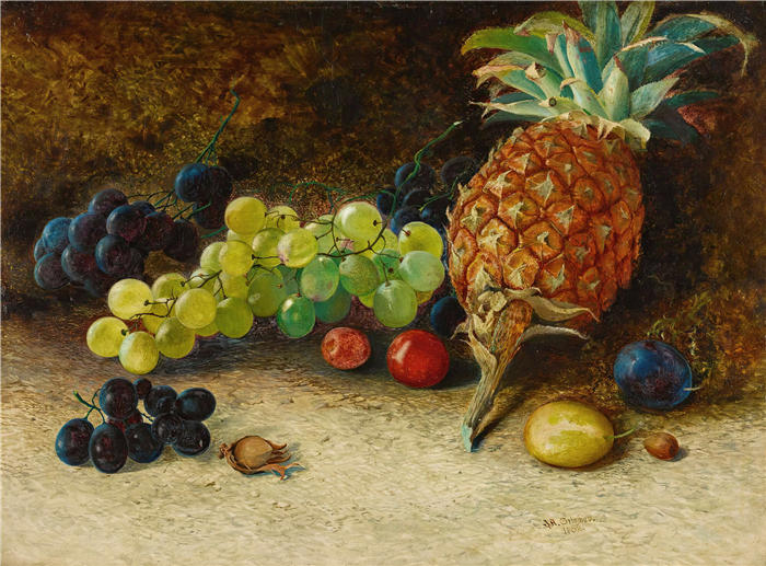 约翰·阿特金森·格里姆肖（John Atkinson Grimshaw，英国画家）高清作品-《菠萝、葡萄、坚果和李子的静物画（1862）》
