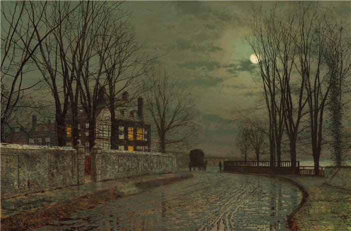 约翰·阿特金森·格里姆肖（John Atkinson Grimshaw，英国画家）高清作品-《道路的拐弯处 (1883)》