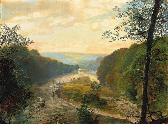 约翰·阿特金森·格里姆肖（John Atkinson Grimshaw，英国画家）高清作品-《码头谷，远处的巴登塔（1870 年代）》