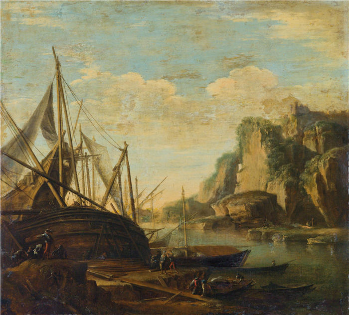 萨尔瓦多·罗萨（Salvator Rosa，意大利画家）高清作品-《地中海沿岸风景与一艘船》
