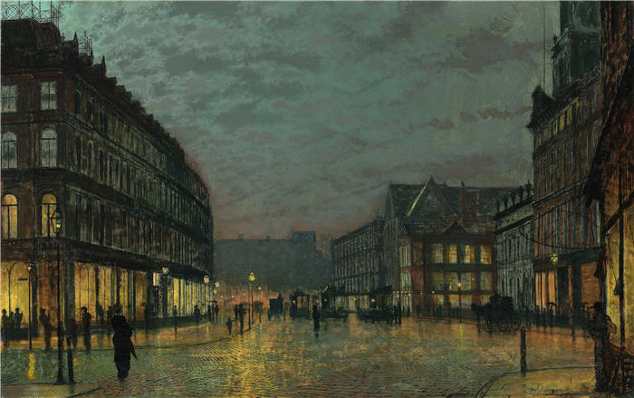 约翰·阿特金森·格里姆肖（John Atkinson Grimshaw，英国画家）高清作品-《灯光下的利兹野猪巷（1881 年）》