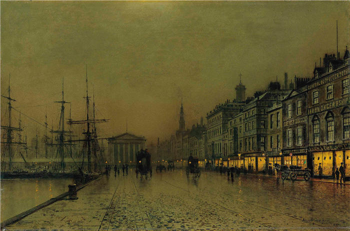 约翰·阿特金森·格里姆肖（John Atkinson Grimshaw，英国画家）高清作品-《夜间的格林诺克码头（1892 年）》