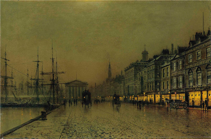 约翰·阿特金森·格里姆肖(John Atkinson Grimshaw,英国画家)高清作品-《夜间的格林诺克码头(1892 年)》