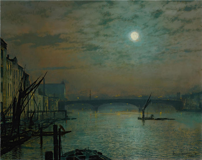 约翰·阿特金森·格里姆肖（John Atkinson Grimshaw，英国画家）高清作品-《月光下的南华桥 (1887)》