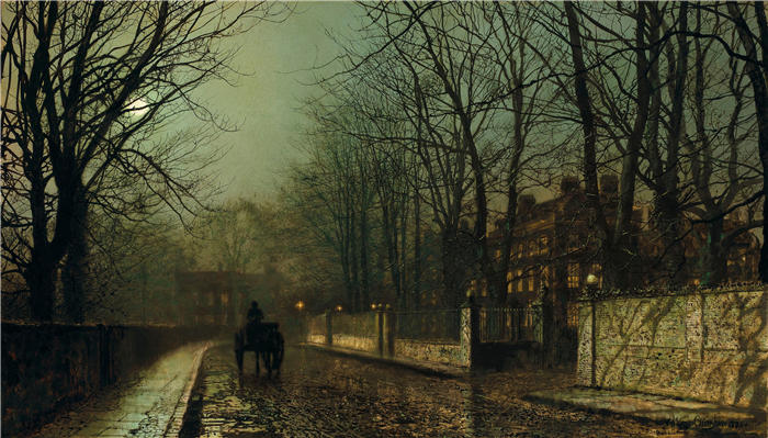 约翰·阿特金森·格里姆肖（John Atkinson Grimshaw，英国画家）高清作品-《湿月，普特尼路（1886 年）》