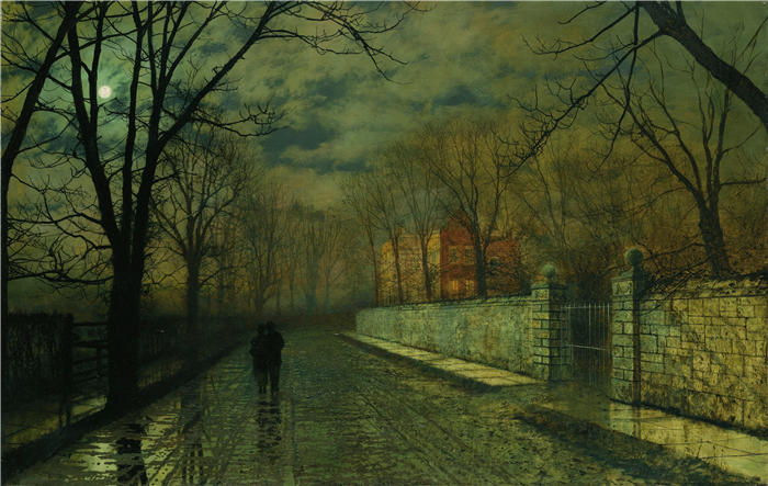 约翰·阿特金森·格里姆肖（John Atkinson Grimshaw，英国画家）高清作品-《雨后月光巷中的人物》